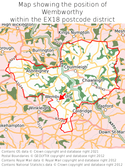 Map showing location of Wembworthy within EX18