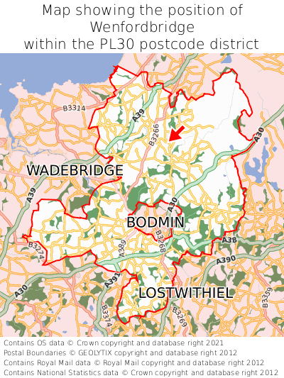 Map showing location of Wenfordbridge within PL30