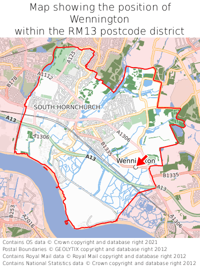 Map showing location of Wennington within RM13