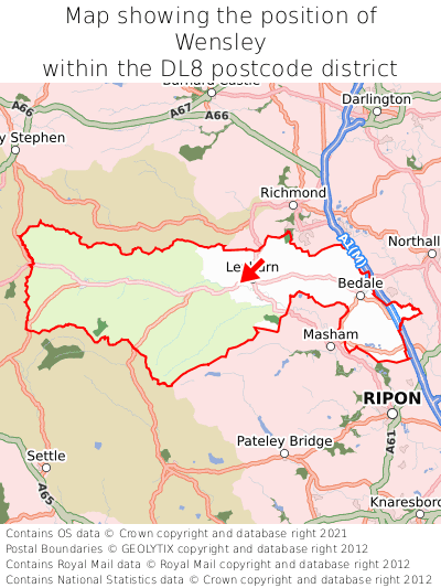 Map showing location of Wensley within DL8