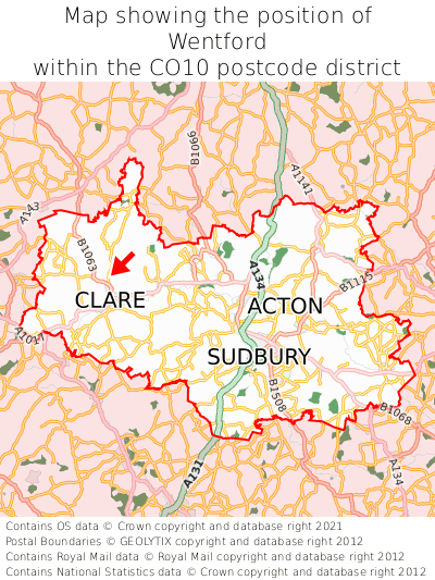 Map showing location of Wentford within CO10