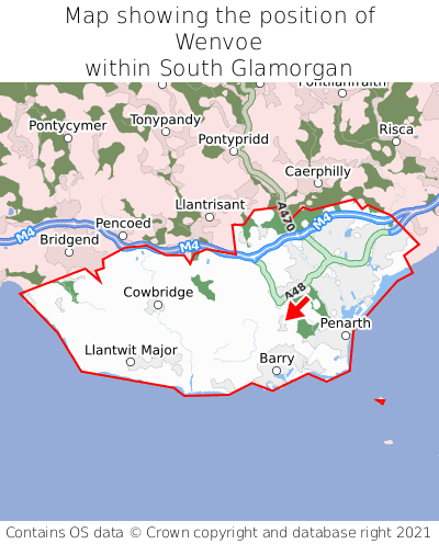 Map showing location of Wenvoe within South Glamorgan