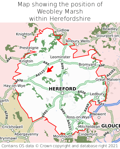 Map showing location of Weobley Marsh within Herefordshire