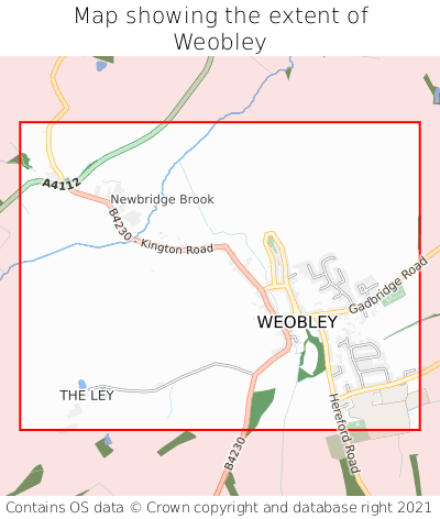 Map showing extent of Weobley as bounding box
