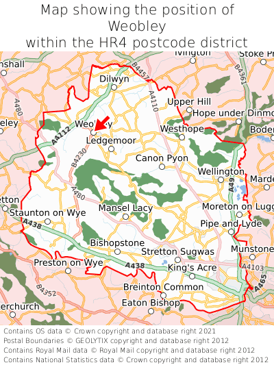 Map showing location of Weobley within HR4