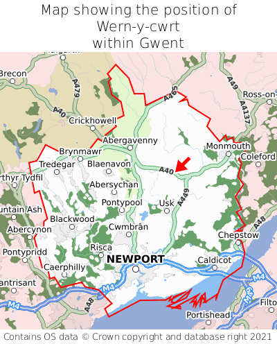 Map showing location of Wern-y-cwrt within Gwent