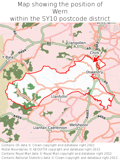 Map showing location of Wern within SY10