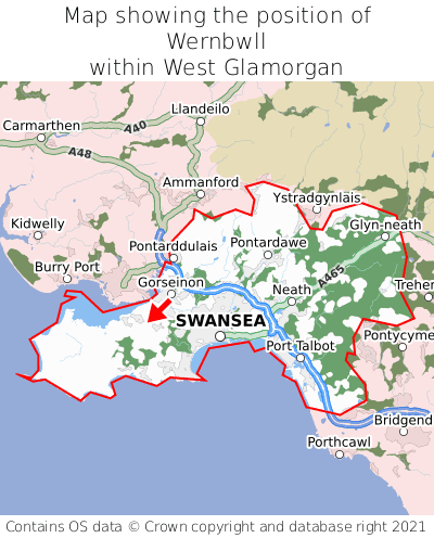 Map showing location of Wernbwll within West Glamorgan