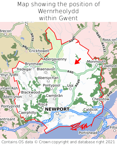 Map showing location of Wernrheolydd within Gwent