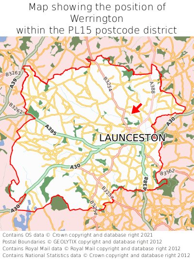 Map showing location of Werrington within PL15