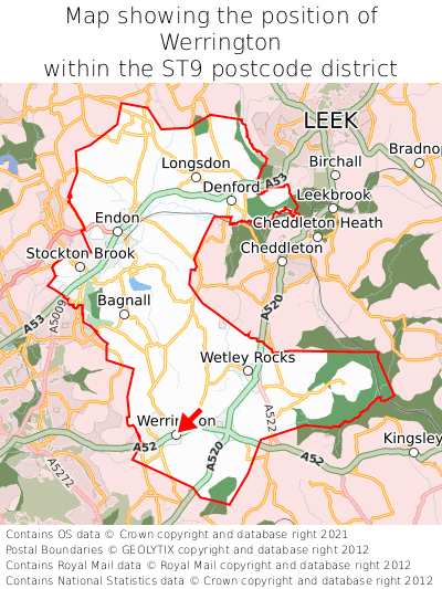 Map showing location of Werrington within ST9