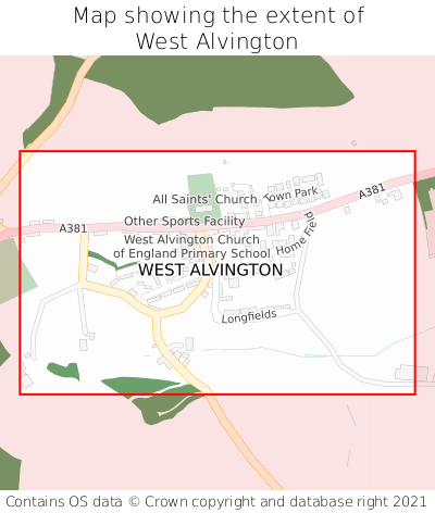 Map showing extent of West Alvington as bounding box