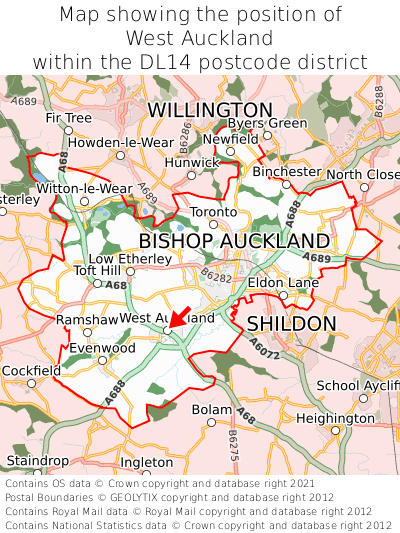Map showing location of West Auckland within DL14