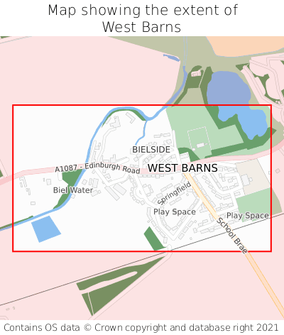 Map showing extent of West Barns as bounding box