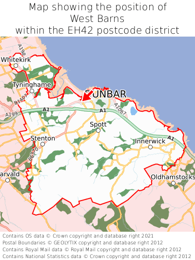 Map showing location of West Barns within EH42