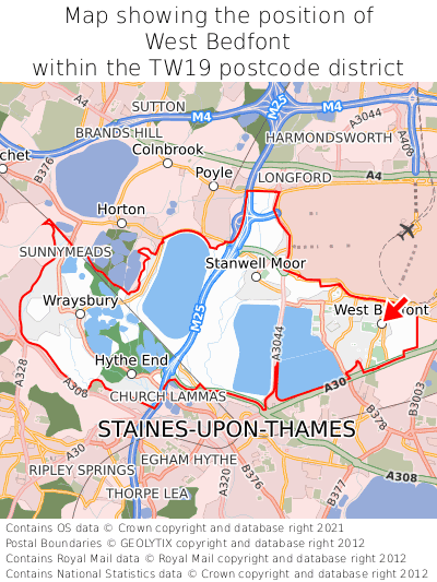 Map showing location of West Bedfont within TW19