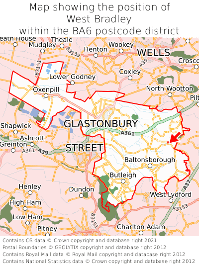 Map showing location of West Bradley within BA6