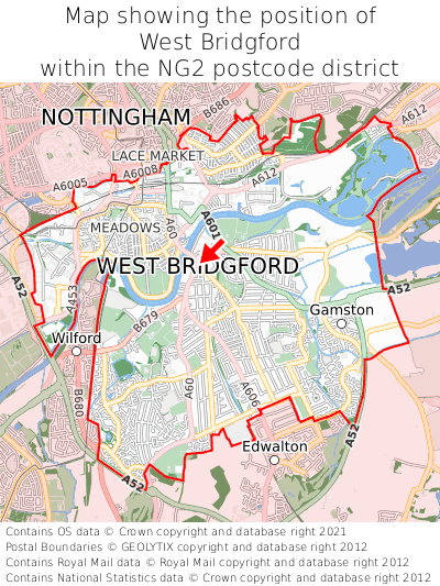 Map showing location of West Bridgford within NG2