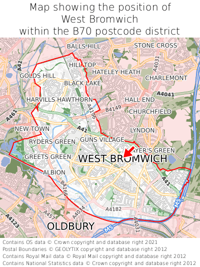 Map showing location of West Bromwich within B70