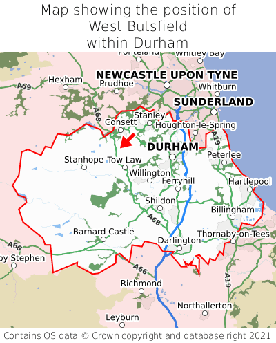 Map showing location of West Butsfield within Durham