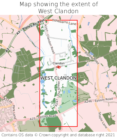 Map showing extent of West Clandon as bounding box
