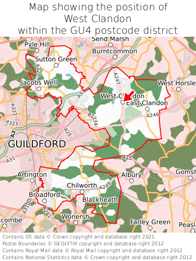 Map showing location of West Clandon within GU4
