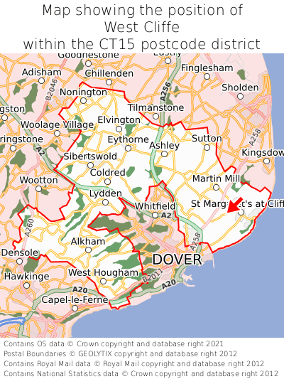 Map showing location of West Cliffe within CT15