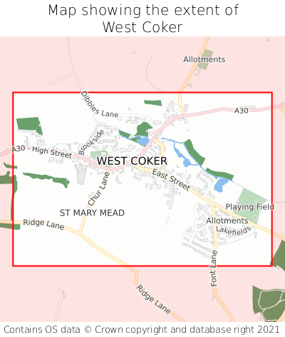 Map showing extent of West Coker as bounding box
