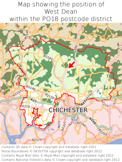 Map showing location of West Dean within PO18