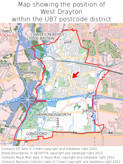Map showing location of West Drayton within UB7