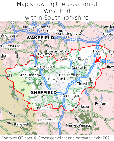 Map showing location of West End within South Yorkshire