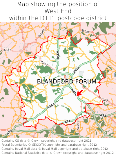 Map showing location of West End within DT11