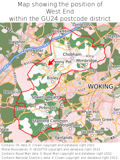 Map showing location of West End within GU24