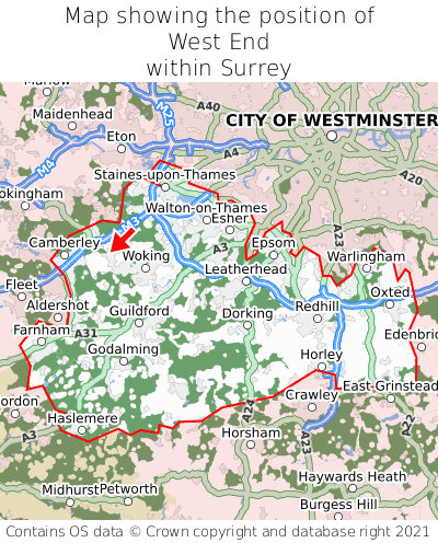 Map showing location of West End within Surrey