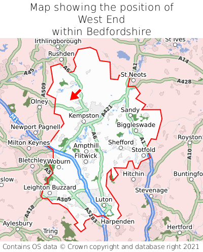 Map showing location of West End within Bedfordshire