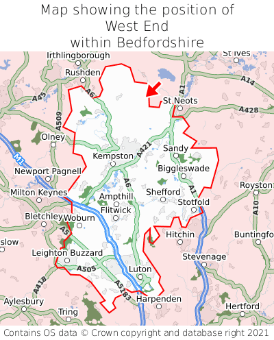 Map showing location of West End within Bedfordshire