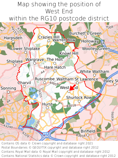 Map showing location of West End within RG10