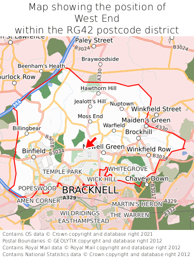 Map showing location of West End within RG42