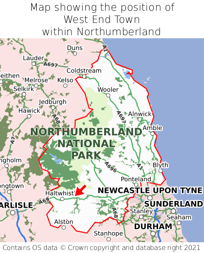 Map showing location of West End Town within Northumberland