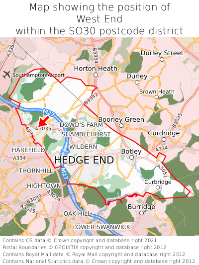 Map showing location of West End within SO30