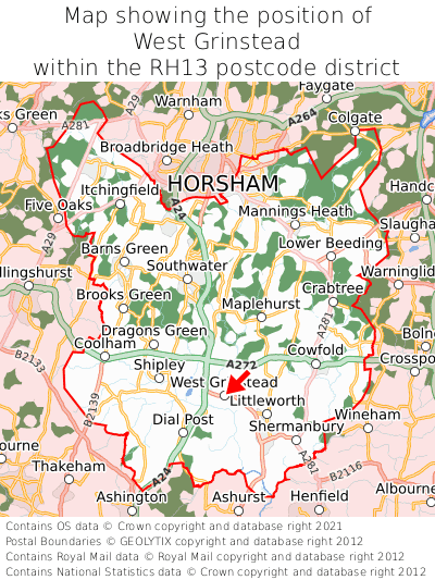 Map showing location of West Grinstead within RH13