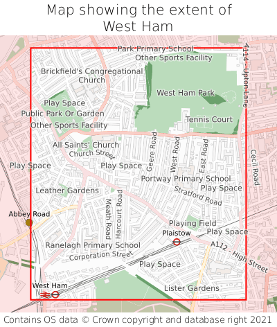 Map showing extent of West Ham as bounding box