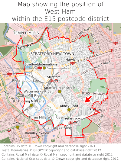 Map showing location of West Ham within E15