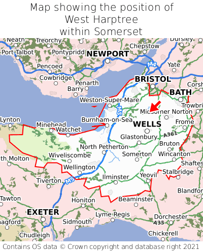 Map showing location of West Harptree within Somerset