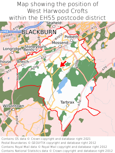 Map showing location of West Harwood Crofts within EH55
