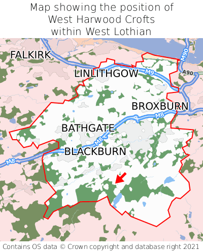 Map showing location of West Harwood Crofts within West Lothian