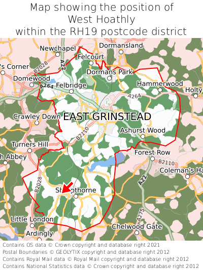 Map showing location of West Hoathly within RH19