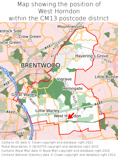 Map showing location of West Horndon within CM13