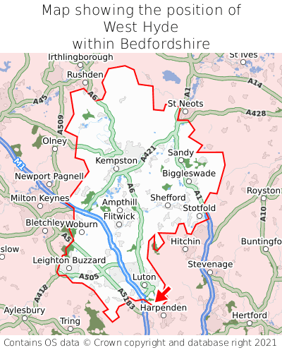 Map showing location of West Hyde within Bedfordshire