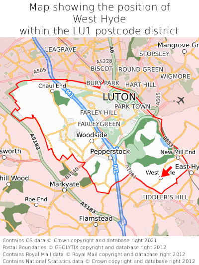 Map showing location of West Hyde within LU1